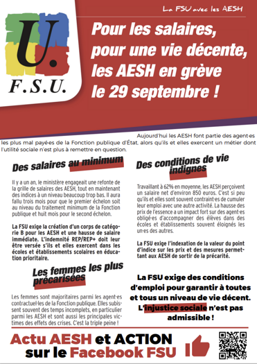 Grève interprofessionnelle du 29 septembre : tract AESH de la FSU