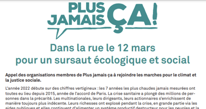 12 mars : marche pour le Climat – l'Appel de « Plus Jamais ça »