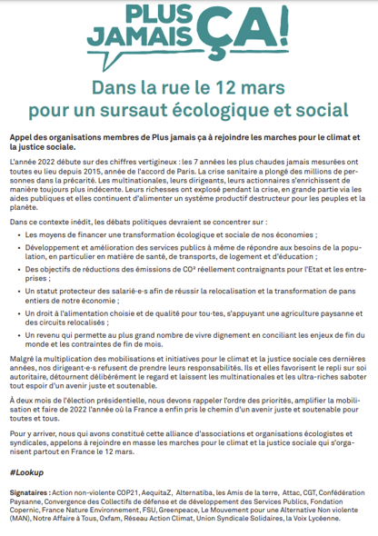 12 mars : marche pour le Climat – l'Appel de « Plus Jamais ça »