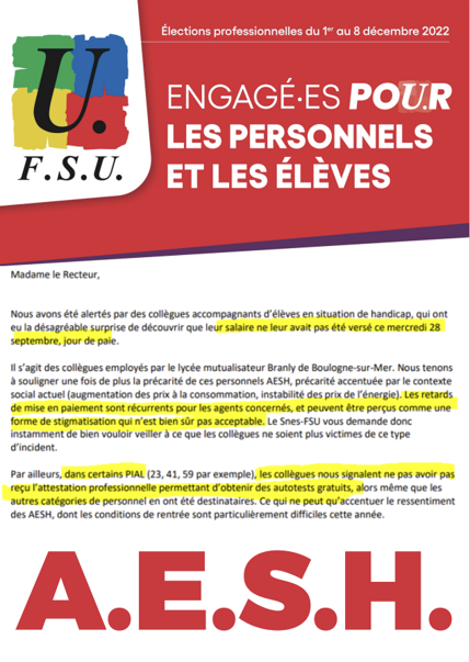 AESH : intervention Snes-FSU sur les retards de paiement et l'accès aux (…)