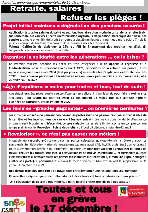 Tract pour le 17 décembre : retraite, salaires ... refuser les pièges !