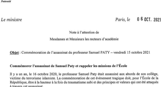 Modalités de la commémoration de l'assassinat de notre collègue Samuel Paty