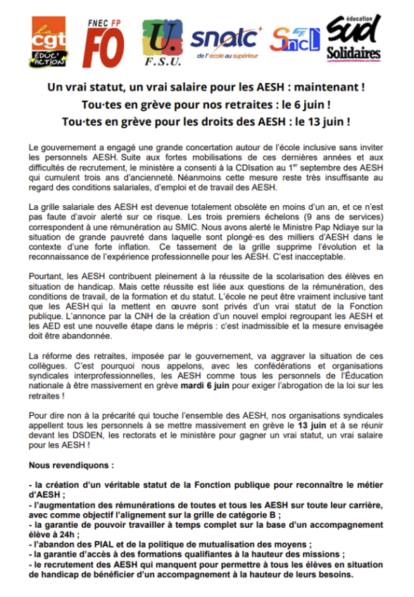 Les 6 et 13 juin : pour un vrai statut, un vrai salaire pour les AESH !