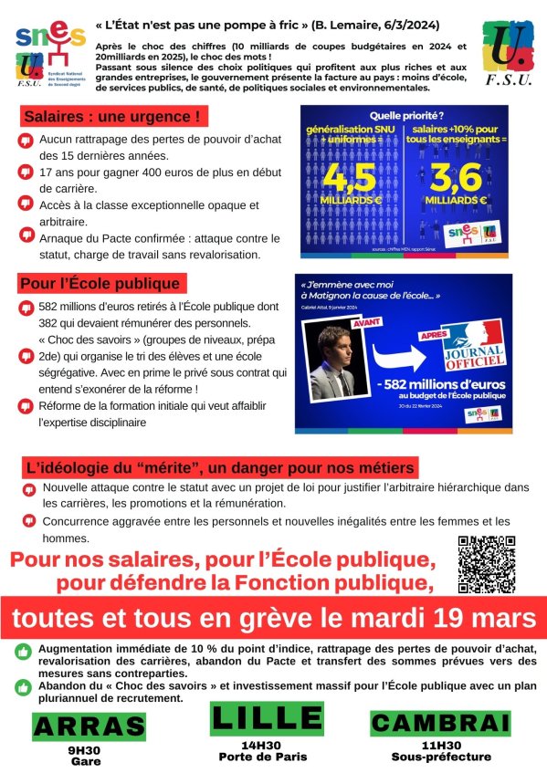 Pour nos salaires et l'École publique, en grève le 19 mars !