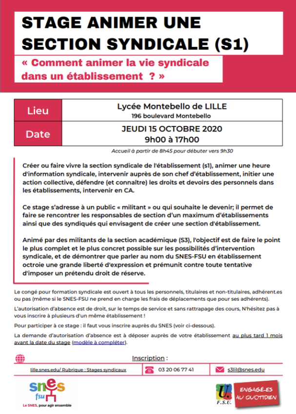 Stage « Comment animer la vie syndicale dans un établissement » : vous êtes (…)