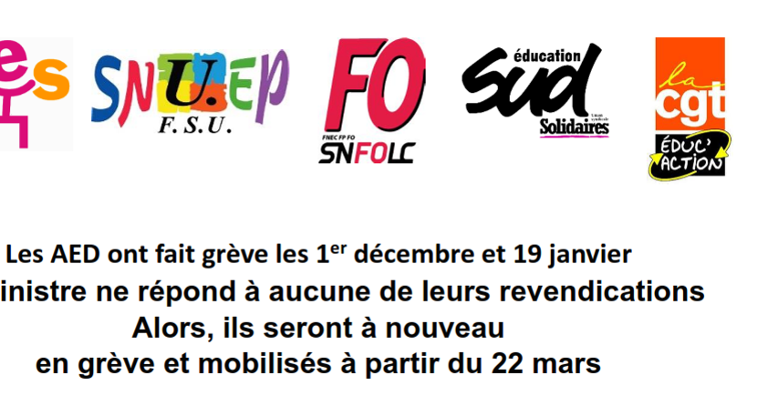 Les AED à nouveau mobilisé.e.s à partir du 22 mars (appel intersyndical et (…)