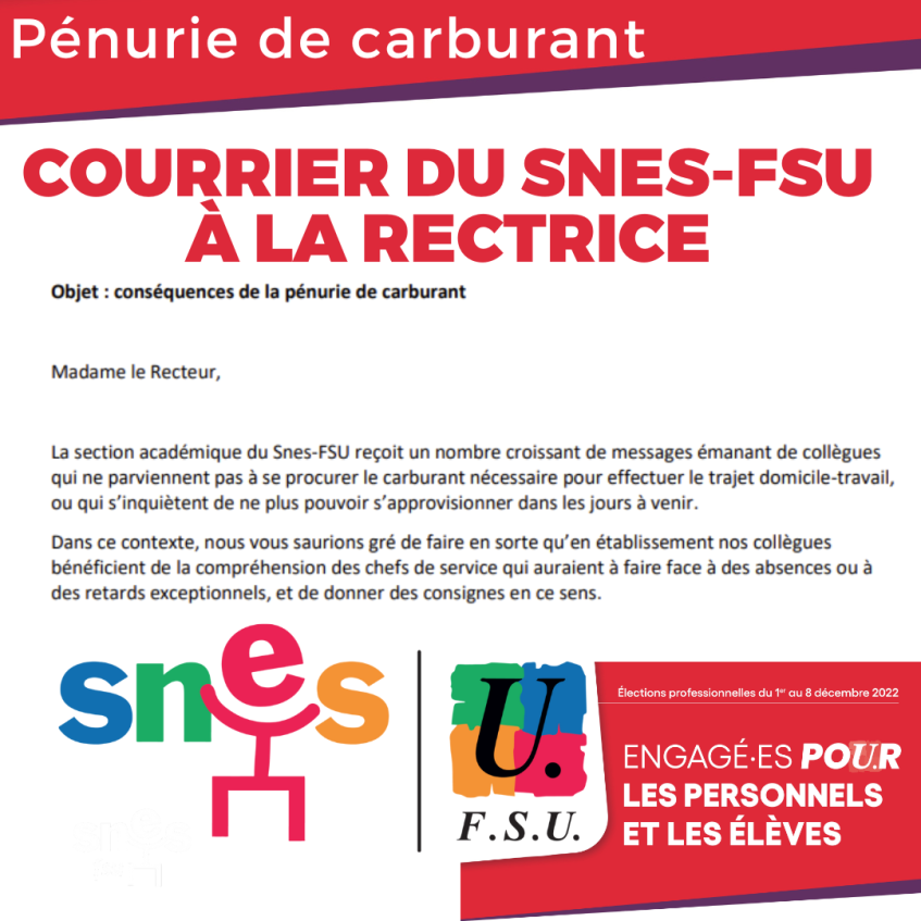 Pénurie de carburant : courrier Snes-FSU à la rectrice