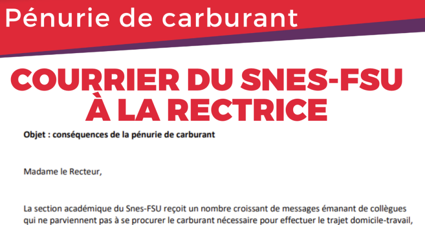 Pénurie de carburant : courrier Snes-FSU à la rectrice